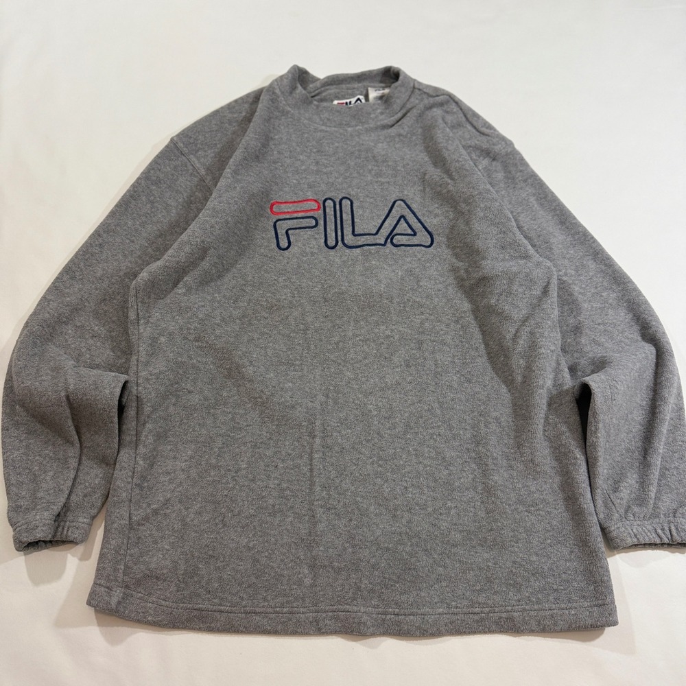 Fila Fleece Pullover Men Large Grey 90s Vintage Embroidered Logo Mock Neck